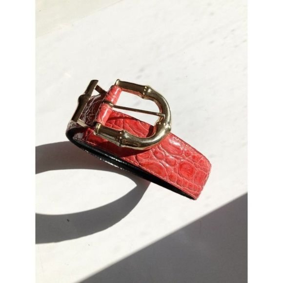 Vintage 80\'s OMEGA Red Croc Embossed Patent Leather Gold Bamboo Belt, Size M main image 5